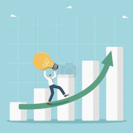 Illustration for Business growth and development with creative ideas and innovation, creativity and intellect to achieve heights, brainstorming for great success, man carries a light bulb on the arrow of growing graph - Royalty Free Image