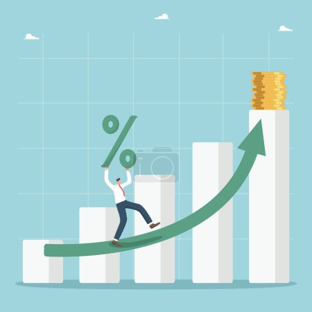 Illustration for Investment and financial growth, increase in the interest rate on deposit, improvement in the economy and GDP growth, increase in wages and savings, man carries percent on the arrow of growing graph. - Royalty Free Image