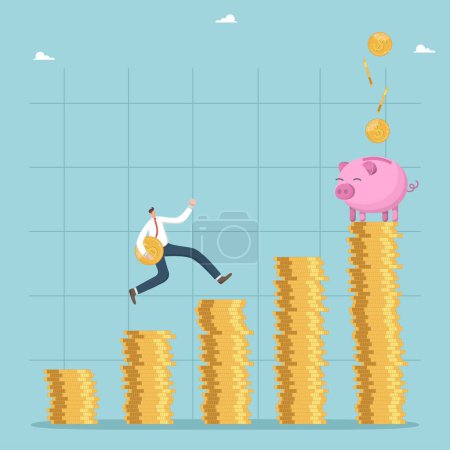Illustration for Investing funds in investments and stocks, increasing savings and creating deposit cells, significant success in wealth management, financial growth, man runs with coin stacks of coins to piggy bank. - Royalty Free Image