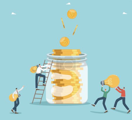 Illustration for Profitability and return on investment, turn creative ideas into means of earning, teamwork and brainstorming for business prosperity, new projects for income, people carry light bulbs to jar of coins - Royalty Free Image