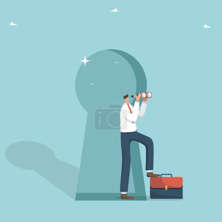 Illustration for Search of new opportunities for success, secret key to solving complex work tasks, one's own vision of the business, creative thinking on the way to high results, man looks binoculars from a keyhole. - Royalty Free Image