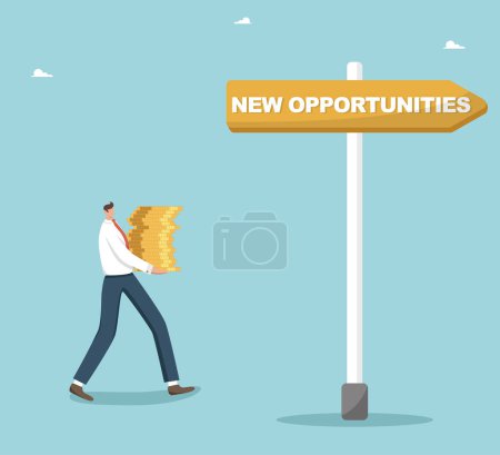 Illustration for New opportunities in increasing income, making profits from unexpected sources, investing in investment portfolio and buying company shares, man carries stack of coins at pointer of new opportunities. - Royalty Free Image
