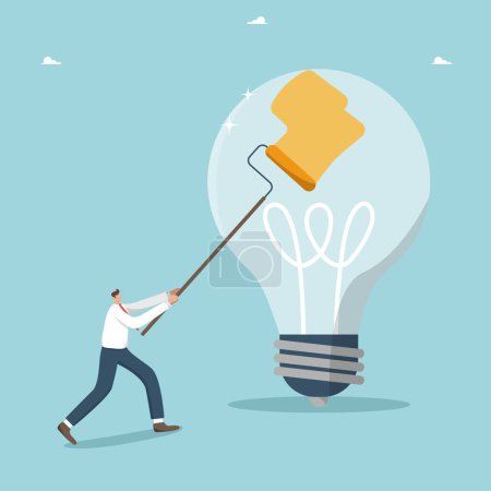 Illustration for Creative thinking to create successful business development ideas, search for new opportunities to achieve great success, logic and intelligence to solve problems, man paints a light bulb with roller. - Royalty Free Image