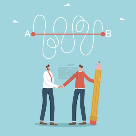 Illustration for Smooth workflow, brainstorming and teamwork to create strategy for successful completion of projects and achieve goals, business planning, men drew direct path from point A to point B and shake hands. - Royalty Free Image