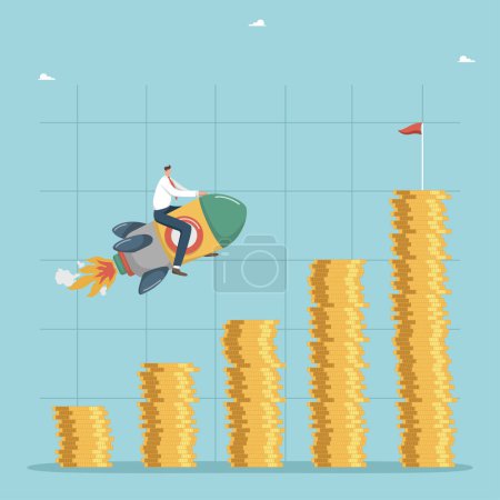 Illustration for Increase in income and wages, financial growth, improvement of economy, profitability of investment portfolio, promotion of business to new level, man takes off on rocket on chart from stacks of coins - Royalty Free Image