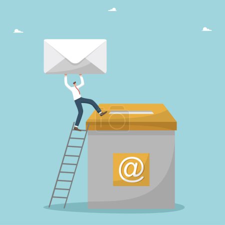 Illustration for Communication by e-mail, working business correspondence of company employees, information concept, sending messages, targeting and promotion through mailing, man throws envelope into a large mailbox. - Royalty Free Image