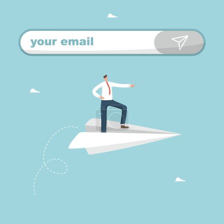 Illustration for Communication by e-mail, sending emails and letters, working business correspondence of company employees, targeting and information concept, man flies on paper plane next to the message sending line. - Royalty Free Image