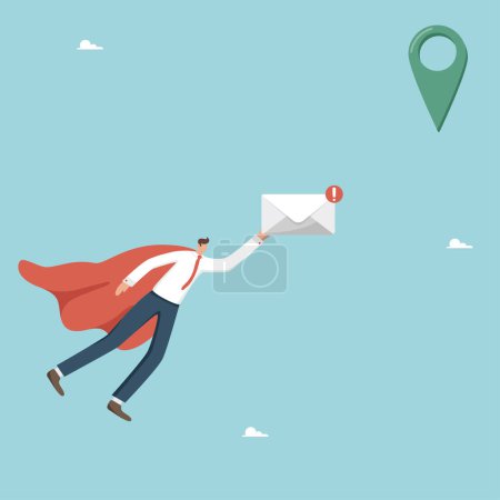 Illustration for Fast sending urgent letters, email communication, company employees work business correspondence, mail account login notifications, information concept, man flying like superman with urgent letter. - Royalty Free Image