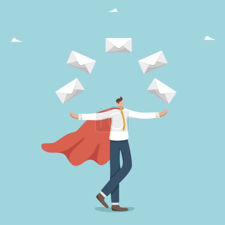 Illustration for Email management, mail targeting and promotion, email processing, information prioritization or categorization, email communication and message sending, business correspondence, man juggling envelopes - Royalty Free Image