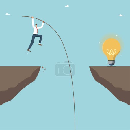 Illustration for Put effort and be creative to create innovation, overcome difficulties to brilliant ideas, logic or intelligence to solve problems, brainstorm for success, man with pole jumps over cliff to light bulb - Royalty Free Image