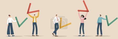 Illustration for Set of illustrations of random people holding checkmarks. Questioning and voting, survey and testing. Time management and business planning, adherence to calendar schedule of events and the work plan. - Royalty Free Image