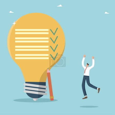 Illustration for Big idea for solving business problems, planning and time management for successful achievement of goals, meeting project deadlines and work schedule, happy man near light bulb with completed tasks. - Royalty Free Image