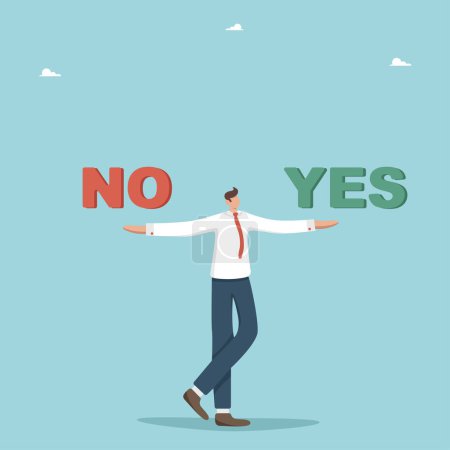 Illustration for Making right or wrong business decisions, choose alternative or choose yes or no, rational thinking for certainty with strategy or action plan, pros and cons, moral choice, man holding yes and no. - Royalty Free Image