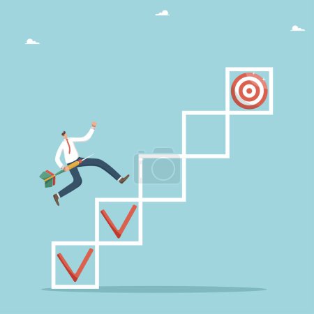 Illustration for Planning and time management for successful achievement of goals, tracking workflow and progress of projects, successful completion of tasks, man runs with dart through icons with checkmarks to target - Royalty Free Image