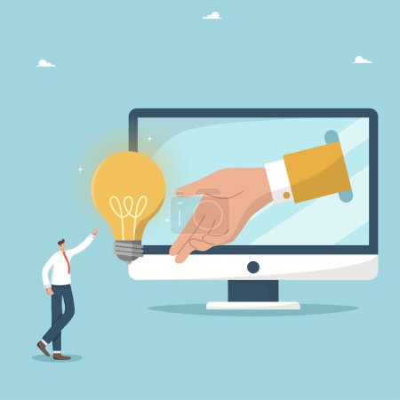 Illustration for Mutual assistance and teamwork to create new business ideas for great success, creativity on way to new opportunities, brainstorming for innovation, hand from computer monitor gives light bulb to man. - Royalty Free Image