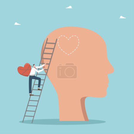 Illustration for Emotional intelligence and ability to understand feelings and emotions, mental health, keep a balance between mind and emotions, separate work and personal life, man with heart climbs ladder to head. - Royalty Free Image