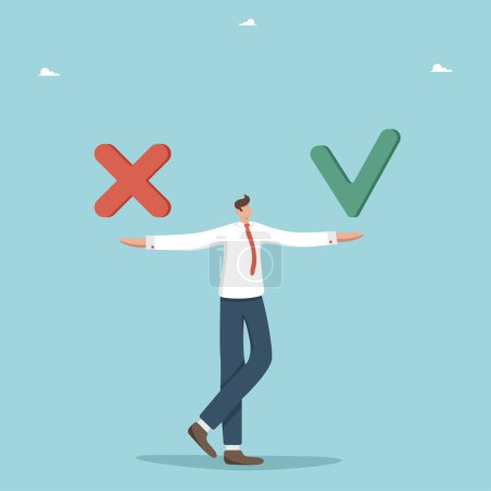 Illustration for Logical thinking for certainty with a decision, pros and cons, making right or wrong business decisions, choosing an alternative or choosing yes or no, man holds a check mark and a cross in his hands. - Royalty Free Image