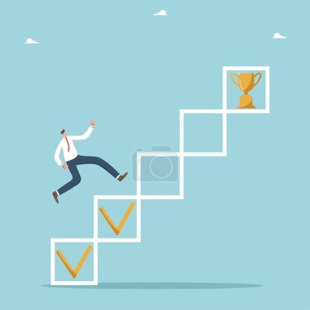 Illustration for Successful completion of tasks on way to result, tracking progress of project or workflow, planning and strategy to successfully achieve the target, man runs on the icons to track the results to cup. - Royalty Free Image