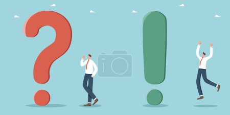 Illustration for Find solution to business problems or finding way out of difficult situations, questions and answers, FAQ, frequently asked questions, man thinks near question mark and rejoices near exclamation mark. - Royalty Free Image