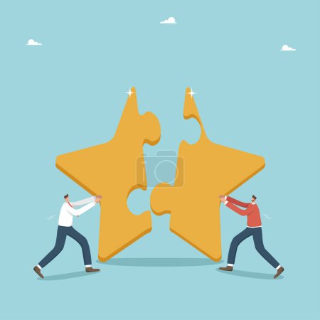 Illustration for Collaboration or partnership for great success, teamwork for a fast paced business development and reward, joint achievement of goals and a high result, two businessmen put together star like a puzzle - Royalty Free Image