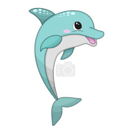 Téléchargez les illustrations : Illustration vectorielle de dessin animé mignon dauphin heureux saut pour élément de conception. Drôle animal de mer sur un fond blanc. - en licence libre de droit