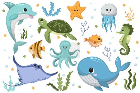 Illustration for Vector cartoon illustration of cute happy sea animals for design element on white background. Dolphin, whale, octopus, jellyfish, stingray, starfish, seahorse, turtle, algae, water bulbs, puffer fish. - Royalty Free Image