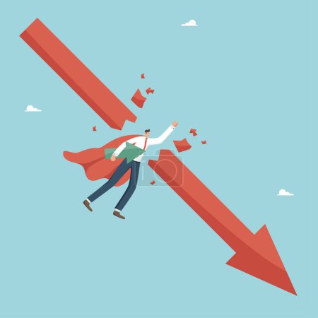 Illustration for Ways to overcome difficulties, counteracting the economic crisis, strategies for maintaining business profitability in a market downturn, exiting bankruptcy, man flies and breaks arrow falling down. - Royalty Free Image