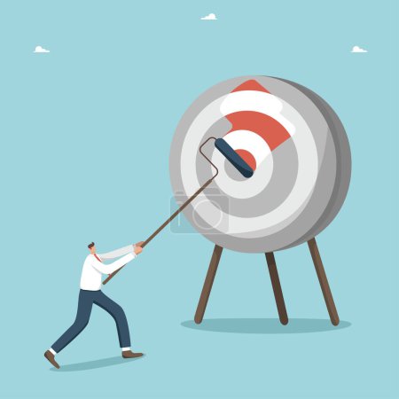 Illustration for Motivation in achieving business goals, creativity and logical thinking to find right strategy, accuracy in setting work tasks and completing them right on target, man paints dart board with roller. - Royalty Free Image