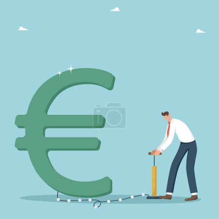 Illustration for Increasing income and wages, achieving financial goals, return on investment and profitability, savings growth, economic improvement, business promotion to new level, man pumps up euro sign with pump. - Royalty Free Image