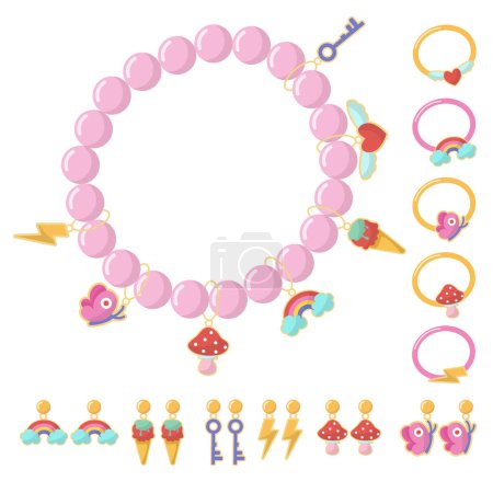 Illustration for Collection of jewelry and children's ornaments. Bracelet made of handmade plastic beads with pendants zipper, butterfly, mushroom, rainbow, ice cream, heart, key. Fashionable colorful rings, earrings. - Royalty Free Image