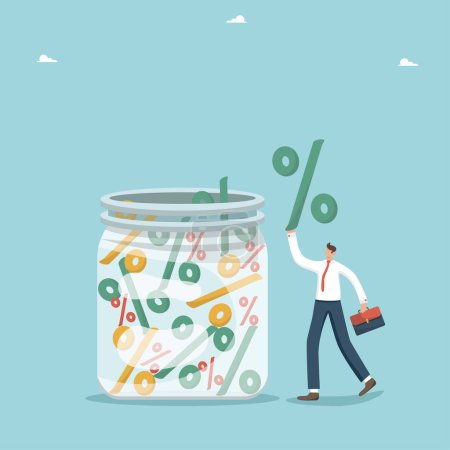 Illustration for Increasing the investment portfolio, increasing income or savings, creating deposit boxes and receiving interest payments, improving economy and growing GDP, man throws interest in jar with interest. - Royalty Free Image