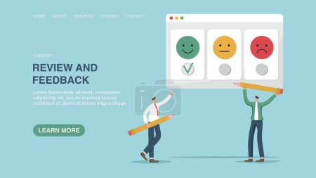 Illustration for User experience, positive feedback about product quality or service, high rating from customers, positive emotions, people with pencils give highest rating. Vector illustration for website or banner. - Royalty Free Image