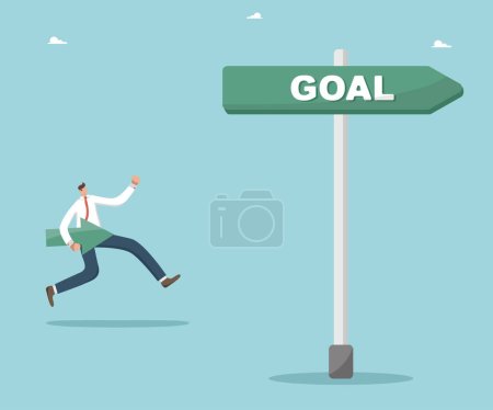 Illustration for Winning strategy or plan to achieve goals, setting and planning path to success and achieving heights in work, new opportunities and solving difficult situations, man runs with an arrow at goal sign. - Royalty Free Image