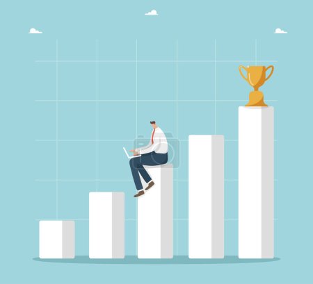 Illustration for Hard work or learning on way to high career results or new business development prospects, gradually completing tasks to achieve goals or receive rewards, man with laptop sits on chart with cup on top - Royalty Free Image