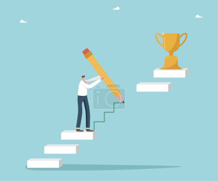 Illustration for Strategy or planning way to win competitor and receive award, creativity and hard work to achieve high results, successful achievement of goals and business prosperity, man draws steps to winning cup. - Royalty Free Image