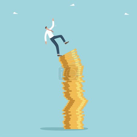Illustration for Loss of money, profit from investments and deposits, decrease in business value, financial or economic collapse, defeat or failure in foreign exchange market, man falls from falling stack of coins. - Royalty Free Image
