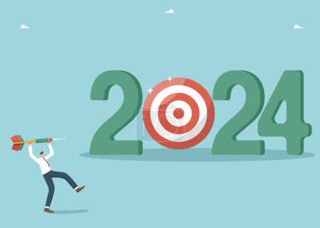 Téléchargez les illustrations : Fixer un objectif d'affaires pour la nouvelle année 2024, élaborer une stratégie ou un plan pour atteindre des objectifs financiers ou des résultats dans le travail, s'efforcer ou motiver pour le succès dans la nouvelle année, l'homme jette fléchettes à bord pour 2024. - en licence libre de droit