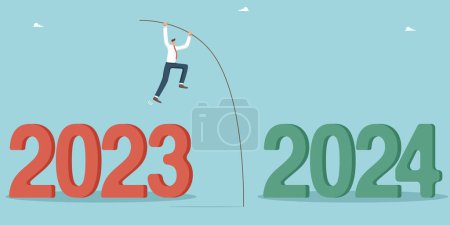 Illustration for Hopes for new opportunities and success in the new year 2024, economic forecast and vision for business development in new year, review of results of past year, man with pole vaults from 2023 to 2024. - Royalty Free Image