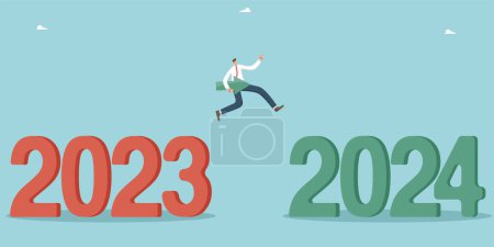 Ilustración de Actitud positiva y motivación para el éxito y crecimiento del negocio en el nuevo 2024, superando obstáculos y resolviendo tareas inconclusas en el año saliente, el hombre con flecha salta de 2023 a 2024. - Imagen libre de derechos