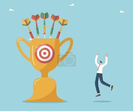 Illustration for Great success in achieving business goals, intelligence or motivation in achieving high results, defeating competitor, getting reward for work done, satisfied man near winning cup with board and darts - Royalty Free Image