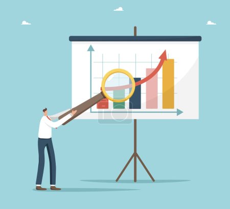 Illustration for Analysis of income and expenses enterprise, assessment of profitability and investment attractiveness, economic calculation of performance indicators company, man with magnifier near board with graph. - Royalty Free Image