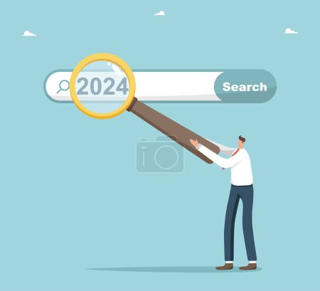Illustration for Planning and setting business goals for the new year 2024, analysis and development of strategies for future business development or career growth, man with magnifying glass shows 2024 on search bar. - Royalty Free Image