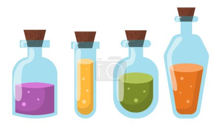 Illustration for Happy Halloween set of illustrations of flasks with potion. Game potion.  Magic phials 2D game UI icon asset, magic bottles for witchcraft, cartoon elixir, love potion poison and antidote. - Royalty Free Image