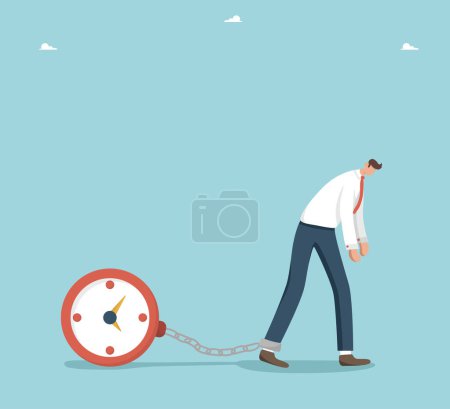Illustration for Time to pay monthly or annual payments on bank loans or mortgages, borrowing money and repaying debts, financial difficulties, monetary obligations, tax payment deadlines, upset man shackled to clock. - Royalty Free Image