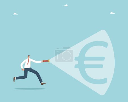 Illustration for Search for methods for income and salary growth, financial and economic improvement, increase in value of foreign exchange, way to increase business profitability, man shines flashlight on euro icon. - Royalty Free Image