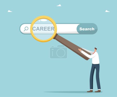 Illustration for Looking for a new job or employment, career path or promotion, ladder of success, new career vacancy, looking for new opportunities and work, man holds a magnifying glass and points to the search bar. - Royalty Free Image