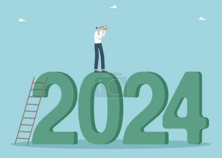 Téléchargez les illustrations : Planification stratégique des actions dans la nouvelle 2024, fixant des objectifs d'affaires pour atteindre des sommets, vision pour le développement futur des affaires ou de carrière en 2024, l'homme se tient à 2024 et regarde à travers des jumelles. - en licence libre de droit