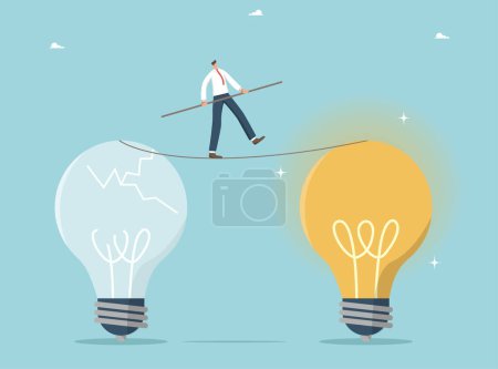 Illustration for Non-standard ways and strategies for creating new brilliant ideas, creativity and thought process for solving work issues, new knowledge for great success, man walks between light bulbs on tightrope. - Royalty Free Image