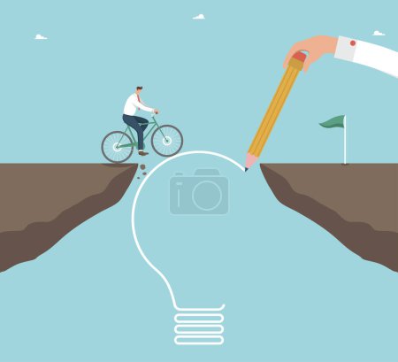 Illustration for Help or mentorship in paving way to achieve goal, brilliant ideas to get out of difficult situations, strategic planning for great success, hand draws light bulb path through cliff for man on bicycle. - Royalty Free Image