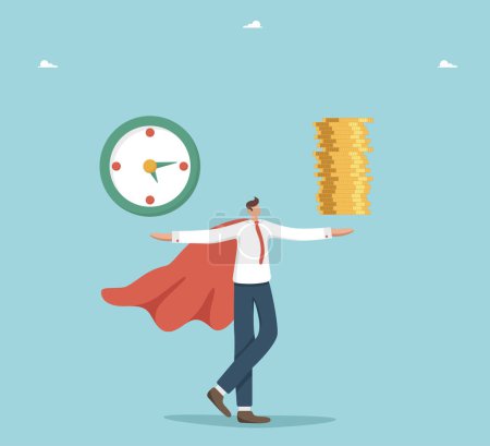 Illustration for Time is money, long-term return on investment, pension fund concept, interest income from investments or deposits, time to receive money, hourly wages, man holds clock and stack of coins on his hands. - Royalty Free Image